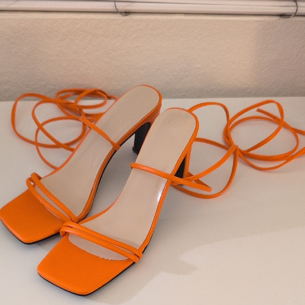 New Lace Up Orange Strappy Heels